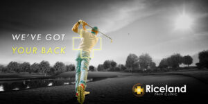 Golfer finishing golf swing, with golden cross outlining his back, with the text, "We've Got Your Back" to the left of golfer, and the Riceland Pain Clinic Logo in the bottom right corner of image